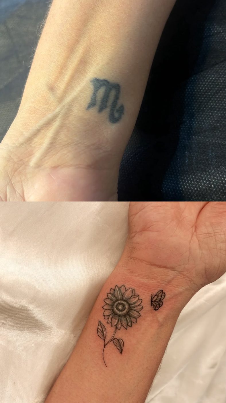 Cobertura de tatuagem — símbolo de escorpião coberto por girassol e borboleta no pulso
