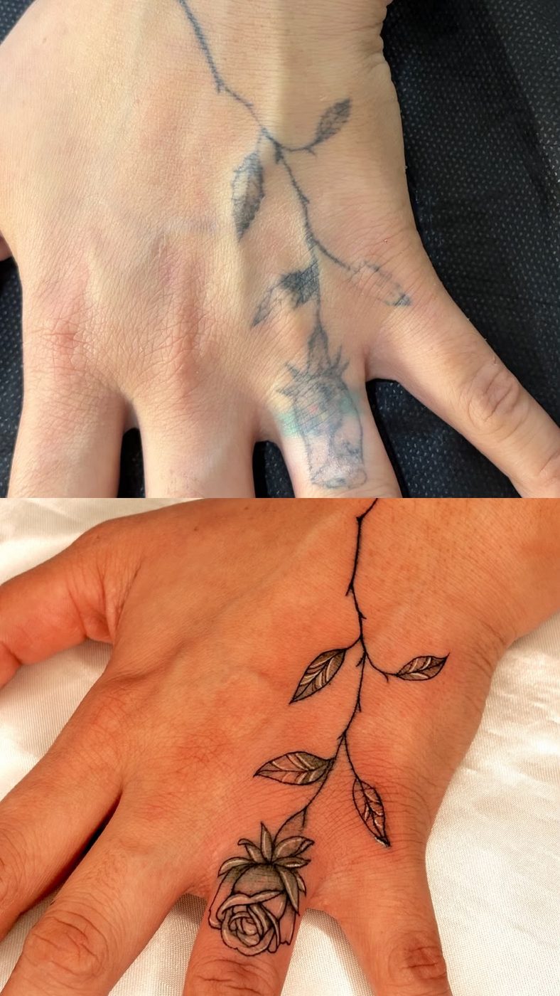 Cobertura de tatuagem — desenho antigo coberto por rosa e ramo na mão
