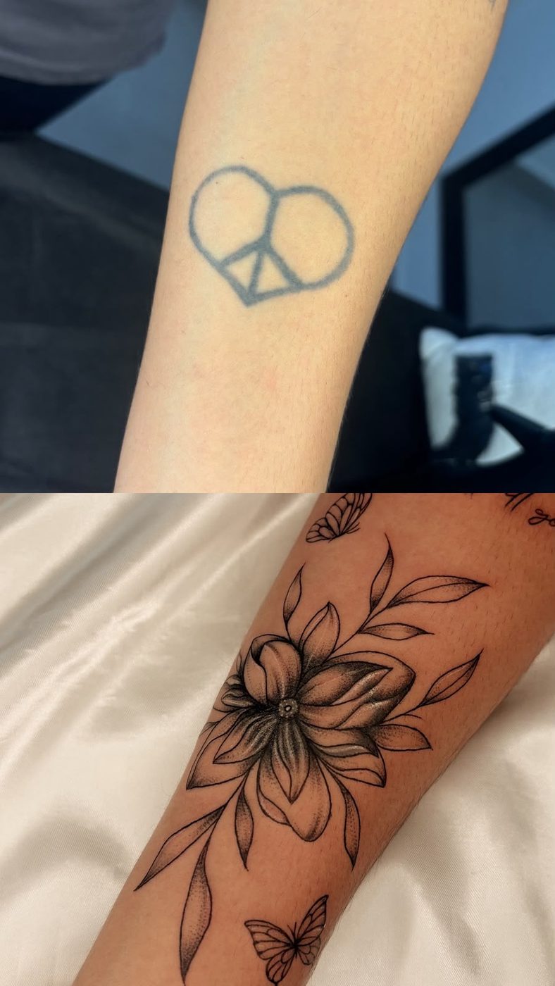 Cobertura de tatuagem — símbolo da paz coberto por flores e borboletas no antebraço