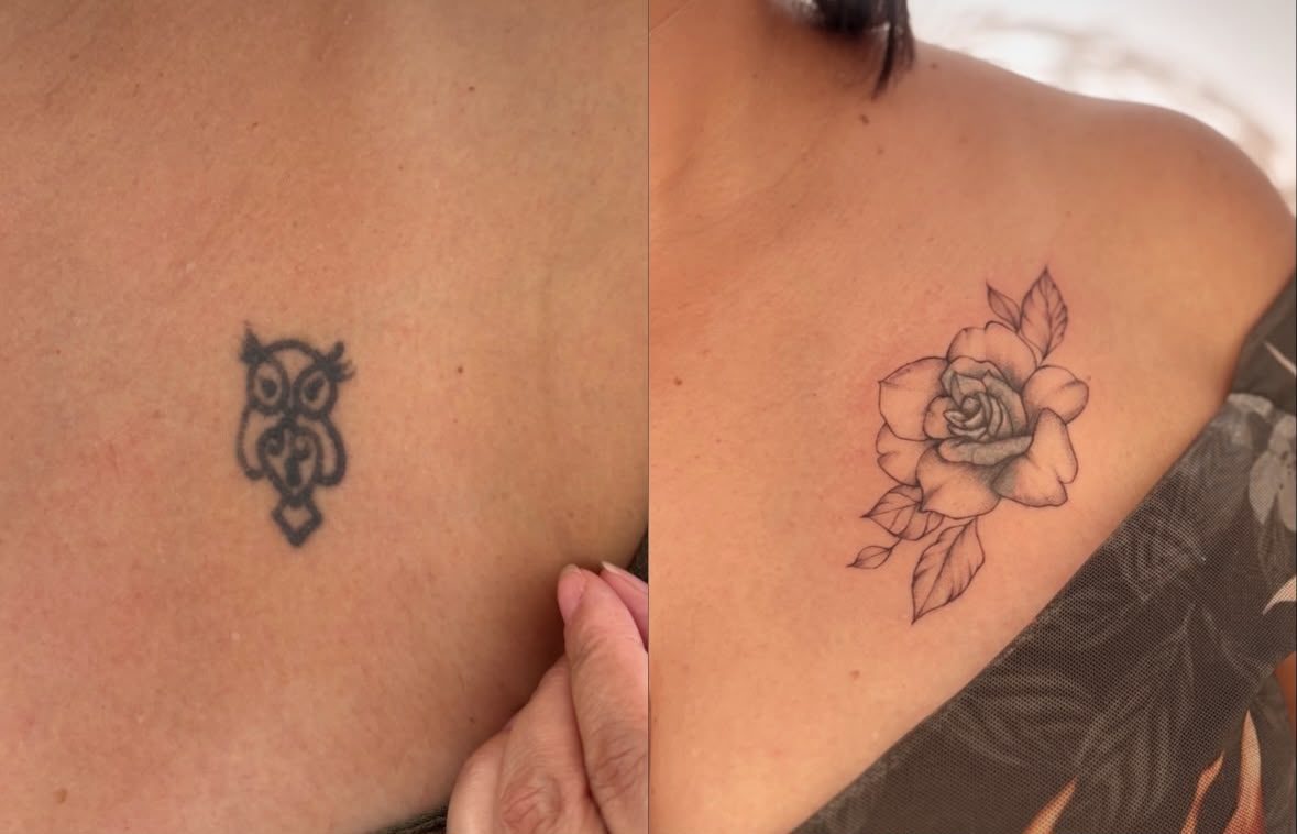 Cobertura de tatuagem — coruja coberta por rosa no ombro