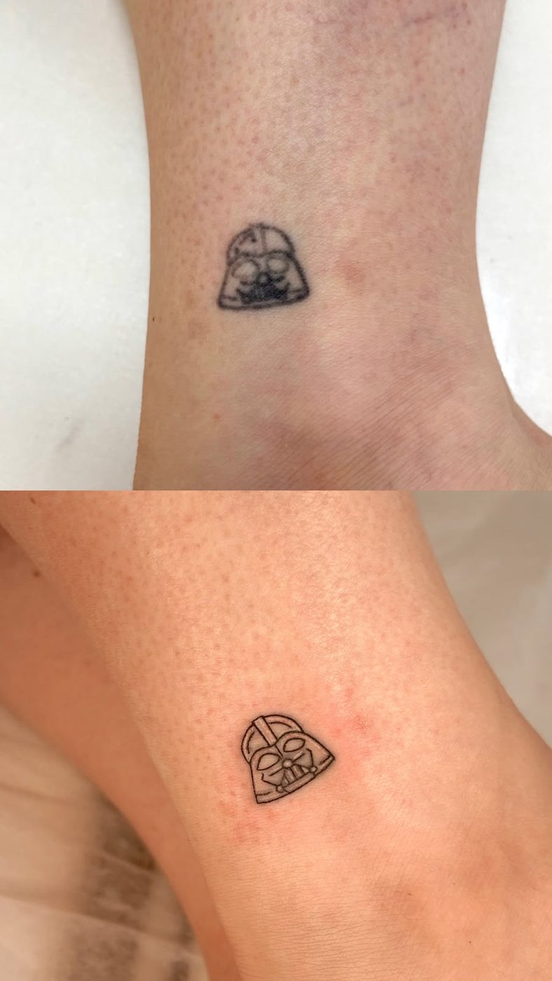 Retoque de tatuagem — capacete do Darth Vader refeito no tornozelo