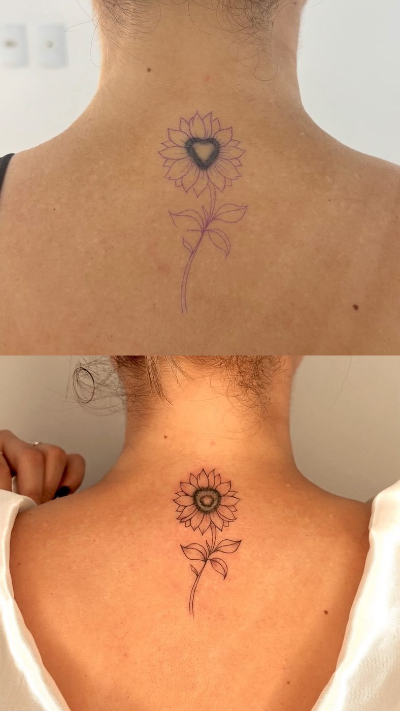 Do desenho ao resultado — tatuagem de girassol nas costas